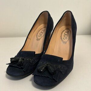 Block Heel Tod's Tassel Pumps in Blue Suede